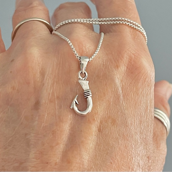 Sterling Silver Small Fish Hook Necklace, Fishing Chains, Fisherman Jewelry - Picture 4 of 9